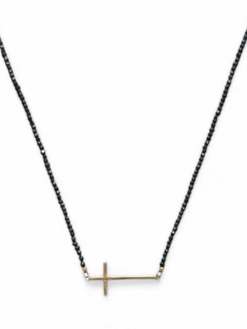 14K Yellow Gold Sideways Cross Black Spinel Bead Necklace